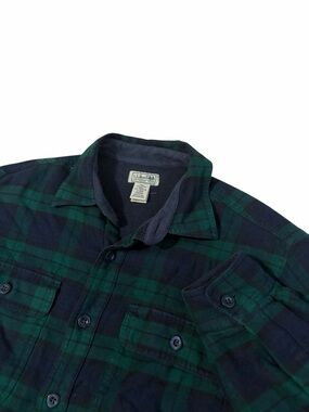 LL Bean Plaid Fleece Lined Flannel Shirt Jacket Mens Medium Green/Navy Button Up